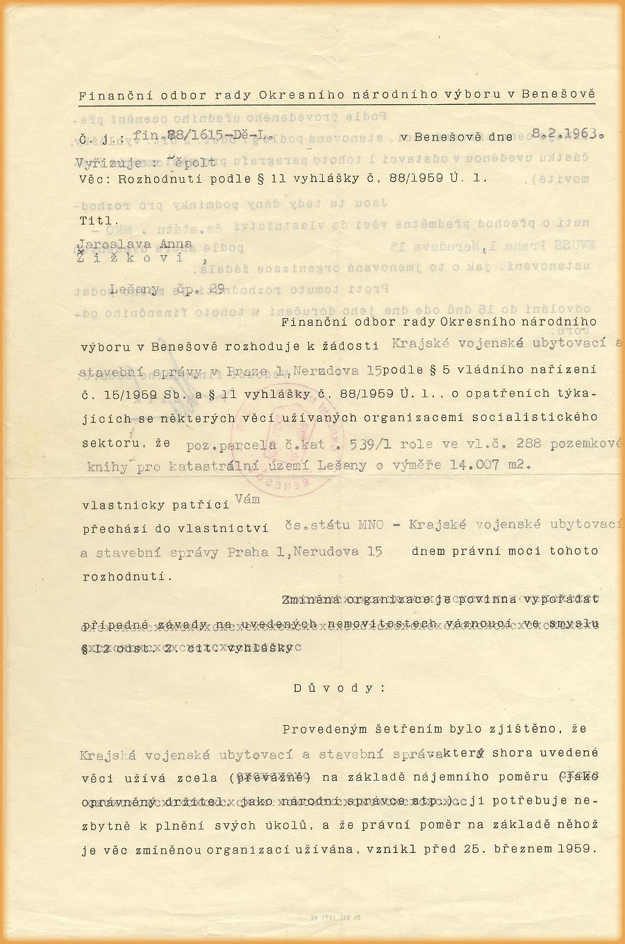 Vyvlastnění-Finanční odbor rady ONV Benešov - 8.2.1963.a